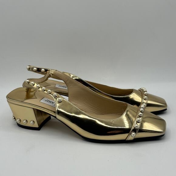 JIMMY CHOO Hya 45 Gold Metallic Slingback Heels Pearl Trim Square Sz 39.5 $995 - Picture 3 of 9